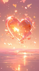 Poster - An illustration of a heart made of transparent material, surrounded by floating petals against a soft pink background, symbolizing love and affection for lifestyle.