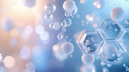 Poster - An abstract illustration of bubbles and hexagonal shapes floating in a soft gradient background, representing molecular structures in a scientific context for science.