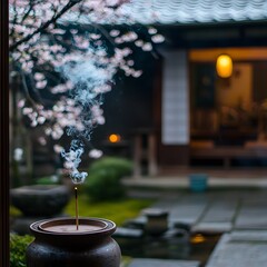 Incense stick burning in a tranquil garden with cherry blossom trees.