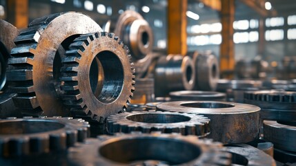 Wall Mural - Industrial scene featuring numerous metallic gears, showcasing advanced machinery components in a well-lit factory environment.