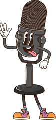 Leinwandbilder - Cartoon groovy microph retro character. Isolated vector vintage, playful anthropomorphic sound equipment personage with sneakers and joyful expression, sticking its tongue out and making peace sign