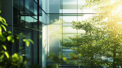 Poster - A modern architectural view of a glass building with sunlight filtering through greenery, creating a refreshing and bright atmosphere for architecture.