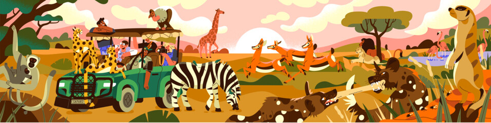 African safari panoramic view. Happy tourists travel in savanna by car, observe for wild animals of Africa. People take photos of wildlife during tour in savannah landscape. Flat vector illustration