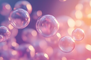 Poster - floating soap bubbles glistening in soft light against a colorful blurred background during a calm e