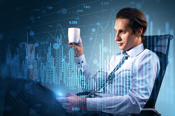 Poster - Attractive young man sitting on chair with coffee cup, using laptop with glowing blue forex chart on blurry background. Financial growth, trade and stock concept. Double exposure.