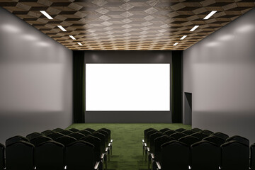 Poster - Modern green carpet cinema hall with empty white mock up place on screen. 3D Rendering.