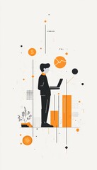 Poster - Businessman analyzing data with laptop on bar chart illustration