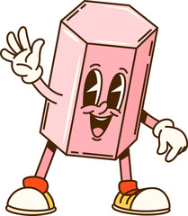 Poster - Groovy math geometric hexagonal prism figure character. Isolated cartoon vector playful educational personage for children geometry learning, with a pink color, joyful face expression and funky vibe