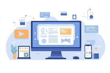 Poster - Digital workspace with computer and mobile device illustration