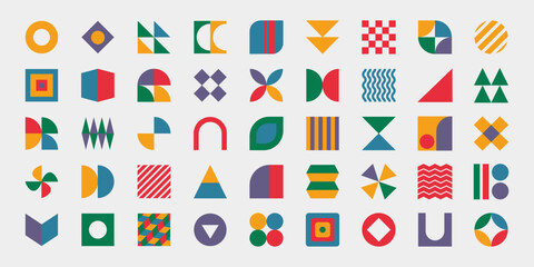 Poster - Abstract colorful shapes, retro decorative sticker set and banner, different decorative geometric forms, patterns and symbols. Vector illustration.