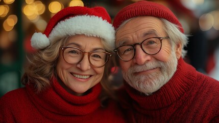 Happy cute eldery couple dressed in christmas red sweaters and red santa hats smiling together and preparing for christmas holiday