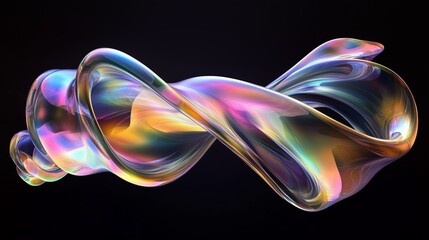 Poster - Colorful iridescent swirling abstract shape against a dark background representing movement and fluidity in digital art