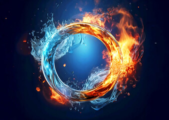 Aufkleber - Abstract fire ring with water splashes on dark background. 3d illustration