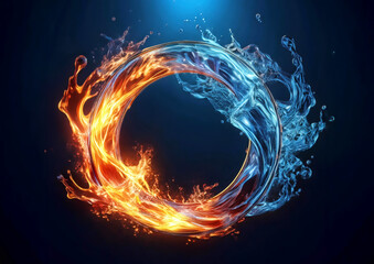 Aufkleber - Abstract fire ring with water splashes on dark background. 3d illustration