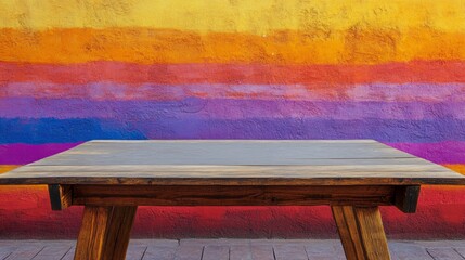 Empty wooden table set up for a Cinco de Mayo celebration ready for colorful decorations and festive foods against a vibrant background