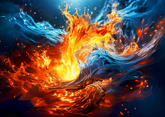 Aufkleber - 3d illustration of burning flames and splashing water mixing together