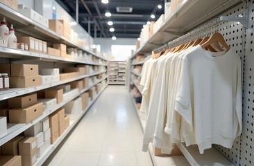 Neat stacks of white boxes and clothes  on store or warehouse shelves on both sides. A room in a light interior. Warehouse, storage, delivery