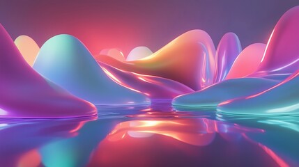 Poster - Colorful, glossy abstract shapes reflected on a tranquil surface during a vibrant sunset with smooth gradients and soft lighting