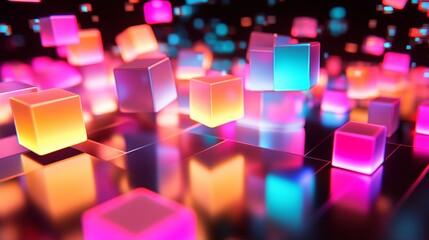 Poster - Colorful glowing cubes floating above a reflective surface in a dark, vibrant digital landscape at night
