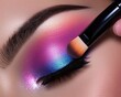 © Wimon - Elegant close-up of a womans eye with makeup, showing vivid eyeshadow blending with precision as a makeup brush softly applies final touches.