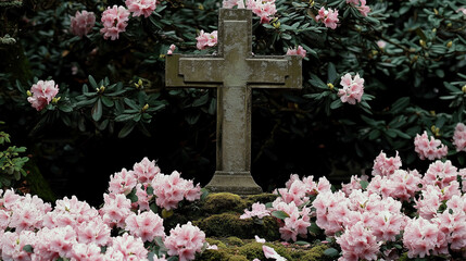 Wall Mural - the cement cross on a grave among beautiful pink rhododendron blooming garden. life after the death concept. Generative AI