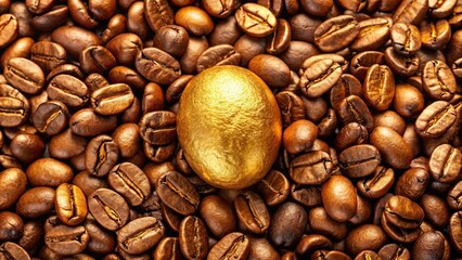 Close-up of a shiny golden bean surrounded by roasted coffee beans, coffee, golden, bean, close-up, roasted, background, shiny