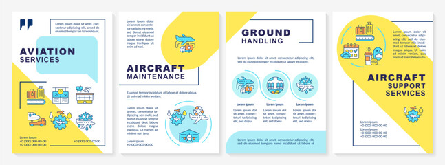 Aircraft support services blue and yellow brochure template. Leaflet design with linear icons. Editable 4 vector layouts for presentation, annual reports. Questrial, Lato-Regular fonts used