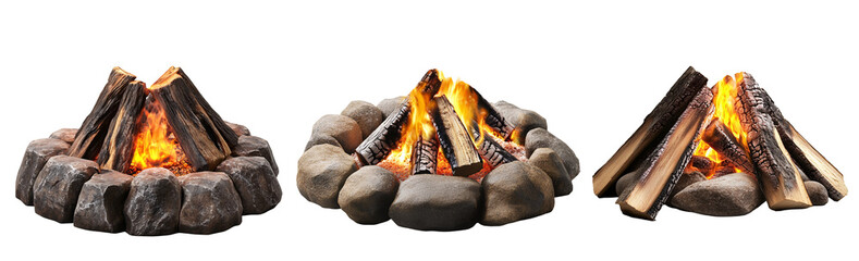 Fototapete - Set of realistic campfire with burning firewood and flames isolated on transparent background.
