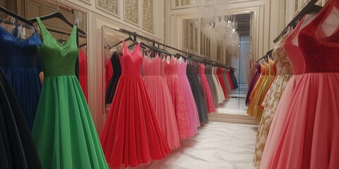 Wall Mural - A store with many dresses on display. The dresses are in various colors and styles. The store is well lit and the dresses are hanging on racks