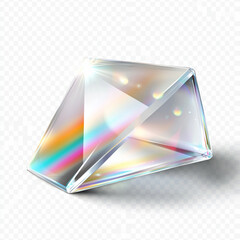 A clear glass prism with a refracted rainbow light pattern, isolated on a transparent background.