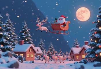 Wall Mural - festive scene featuring Santa Claus in sleigh, flying over snowy village with reindeer. moon shines brightly, creating magical holiday atmosphere