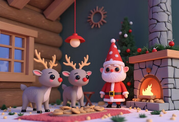 festive scene of Santa and two reindeer by cozy fireplace, surrounded by holiday decorations and cookies. warm atmosphere evokes joy and celebration