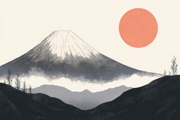 a painting of a mountain with a rising sun