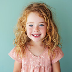 portrait of a smiling strawberry blonde child with freckles against a turquoise background, wearing 
