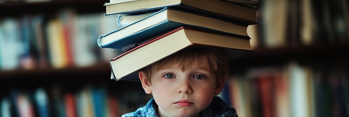 Sticker - A young boy is wearing a stack of books on his head. He looks sad and is looking down