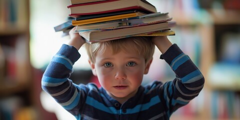 Poster - A young boy is holding a stack of books on his head. The scene is playful and lighthearted, as the boy appears to be having fun with his books. The books are of various sizes and colors