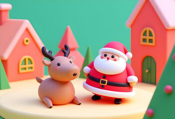 Wall Mural - Cute reindeer and Santa Claus figurines in colorful, playful setting. vibrant background features whimsical houses and trees, creating festive atmosphere