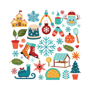 A set of Christmas and winter ornament elements vector illustration