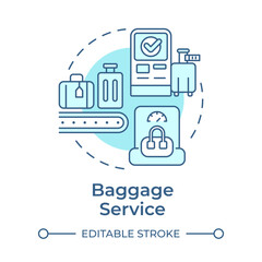 Baggage service soft blue concept icon. Airplane travelling. Commercial flight, luggage management. Round shape line illustration. Abstract idea. Graphic design. Easy to use in infographic