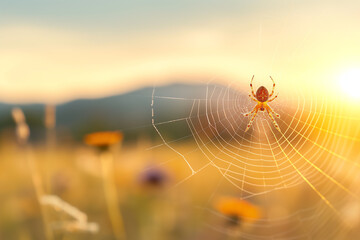 A micro optical closed up a spider in its web, the sea is visible behind it, high detail, macro photography.


