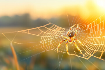 A micro optical closed up a spider in its web, the sea is visible behind it, high detail, macro photography.

