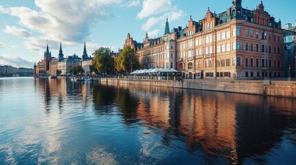 Scenic waterfront view of historic buildings reflecting in calm water under a blue sky.