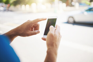 Poster - Man, hands or pointing with phone screen in city for travel, commute or navigation on transport app. Closeup, male person or user with mobile smartphone display for UI, UX or cellular service in town