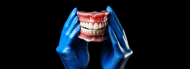 Extreme close-up of the hands of a dentist with blue latex gloves (surgical gloves), showing and holding a new denture, isolated on a black background with copy space. Blank wide banner. Generative ai