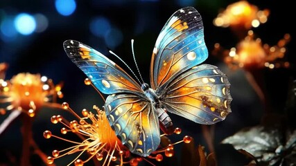 Wall Mural - beautiful glowing magical multi-colored butterfly on beautiful flowers. fantasy. animal protection d