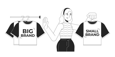 Poster - choosing small brand clothes black and white 2d illustration concept. slow fashion. affordable susta