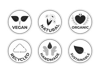 Poster - eco friendly sustainable labels black and white 2d line stickers set. organic recycled, handmade veg