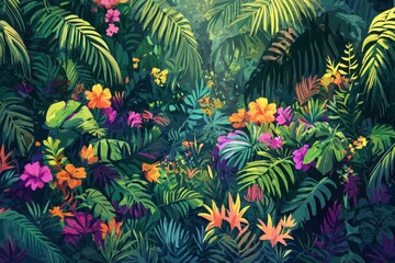 Poster - Vibrant background patterns featuring tropical plants and colorful floral elements for design inspiration