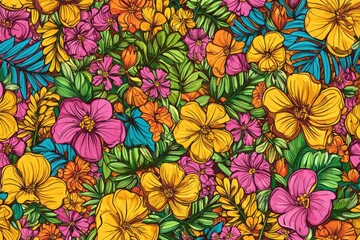 Poster - Vibrant background patterns featuring tropical plants and colorful floral designs for creative projects