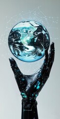 Poster - Futuristic AI robot hand holding a glowing digital Earth